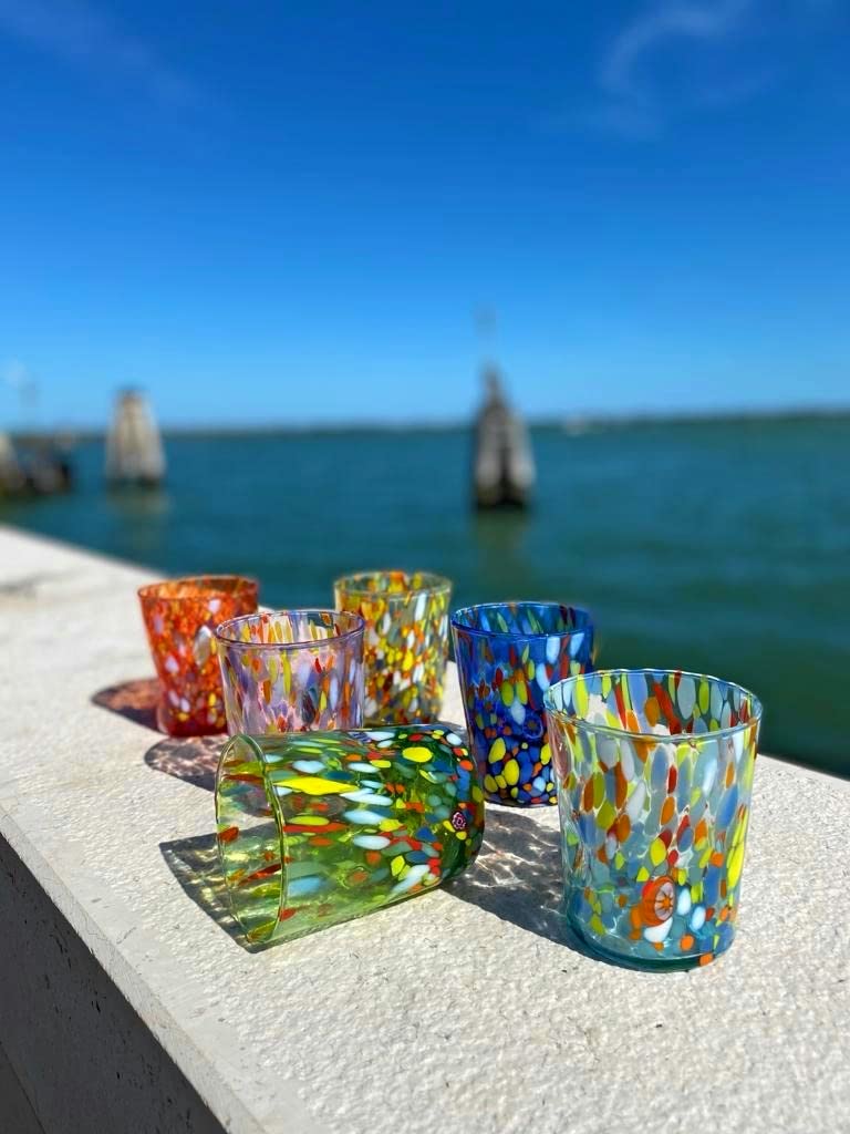 MAZZEGA ART & DESIGN - 6 Bicchieri Tumbler Classic in Vetro Soffiati e Lavorati a Mano con Murrine di Murano, linea “I Colori di Murano” 350 ml. Made in Italy (MIX, 6)