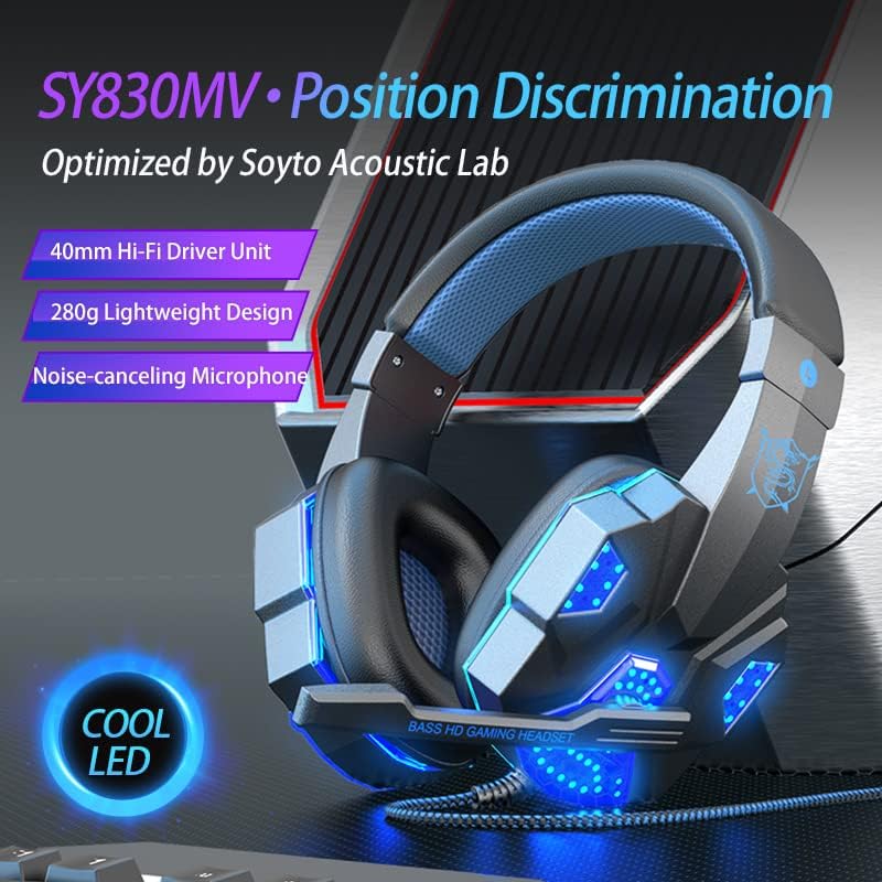 Stereo Gaming Headset for PS4 PC Xbox One PS5 Controller, Noise Cancelling Over Ear Headphones with Microphone, LED Light, Bass Surround, Soft Memory Earmuffs Computer Gamer Headset