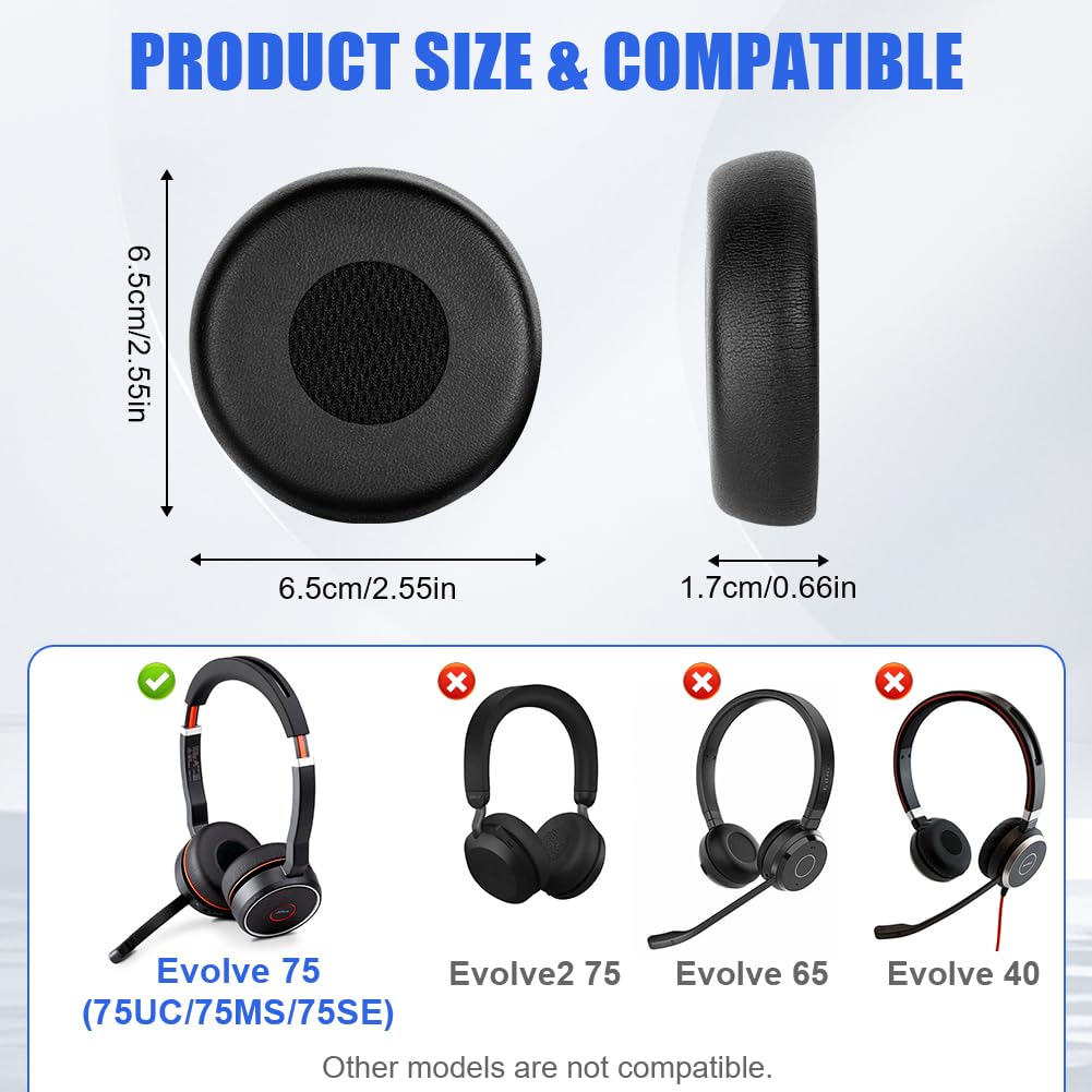 AXFEE Cuscinetti Auricolari di Ricambio per Jabra Evolve 75 (75UC 75MS 75SE), Cuscinetti Auricolari in Pelle Proteica, Schiuma ad alta Densità per I'isolamento dal Rumore - Nero