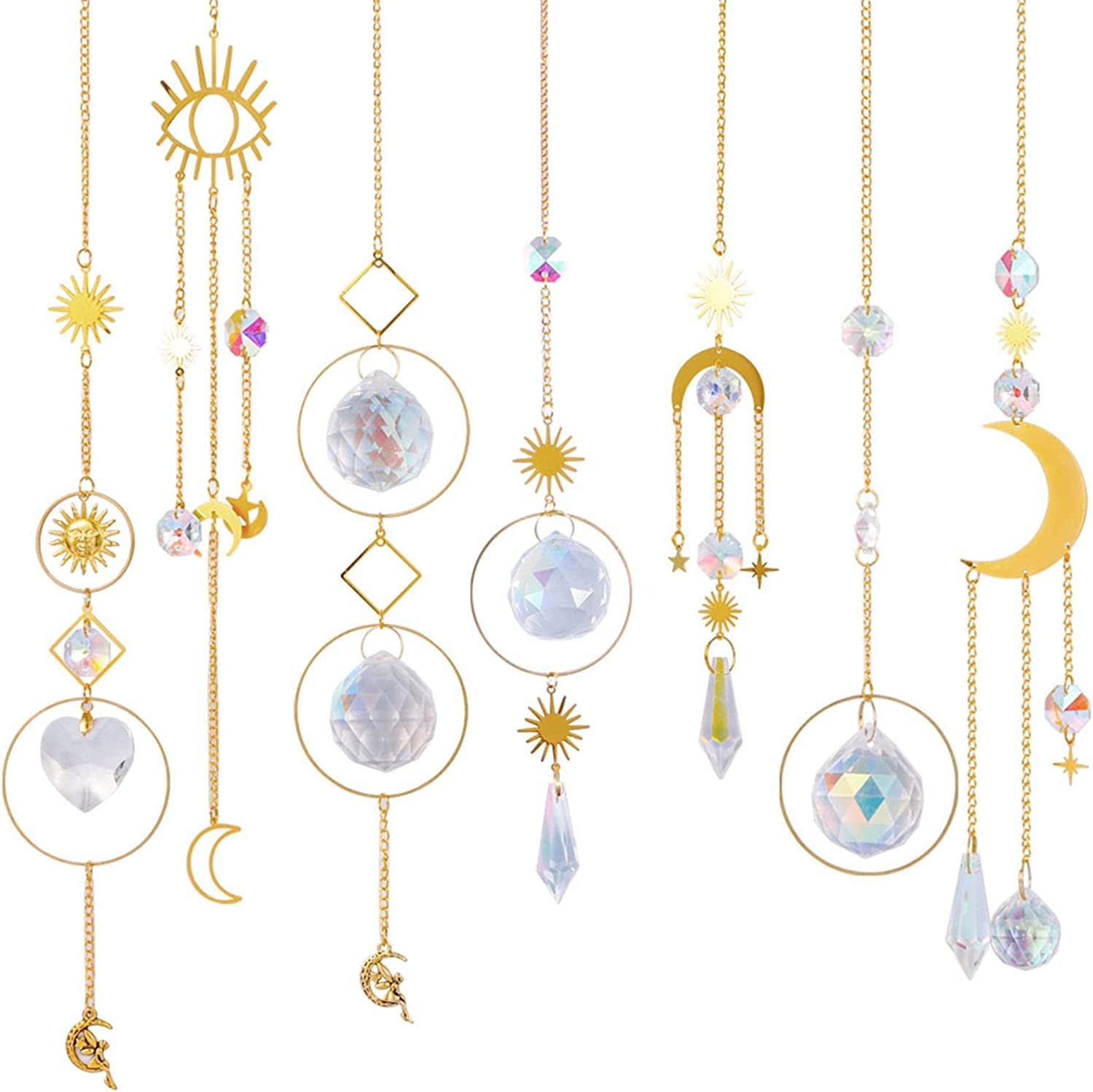 SYOSI7Pack Crystal Suncatchers,Gold Moon Star Sun Catchers Hanging with Chain Pendant Ornament Colorful Crystal Glass Balls for Window Bedroom Car Home Garden Office Party Wedding Christmas Decorations