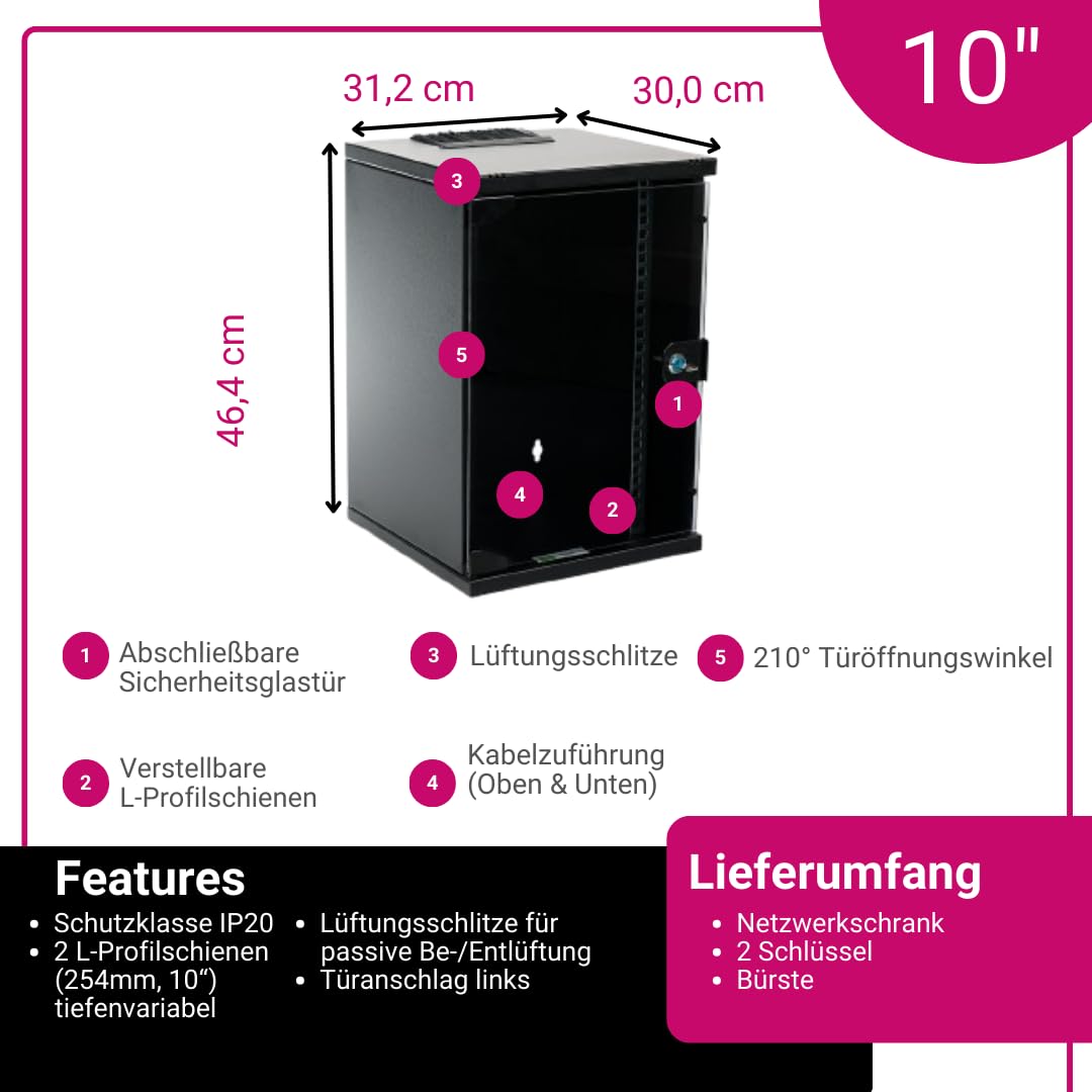 Netzwerkschrank 10 Zoll 9HE I 300 mm Tiefe I Serverschrank Schwarz | Wandmontage I abschließbare Glastür I voll montiert I 60 kg Traglast I 312x300x464 mm (Schwarz, 9HE)