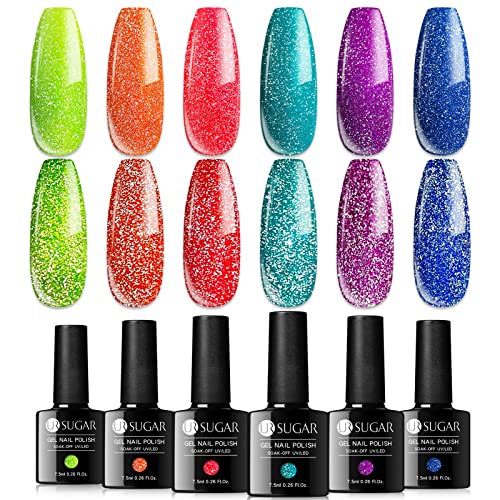 UR SUGAR UV Nagellack Neon Glitzer Shellac Set, 6 Farben Reflechissant UV Gel Nagelgel Set Gel Nagellack Holographisch…