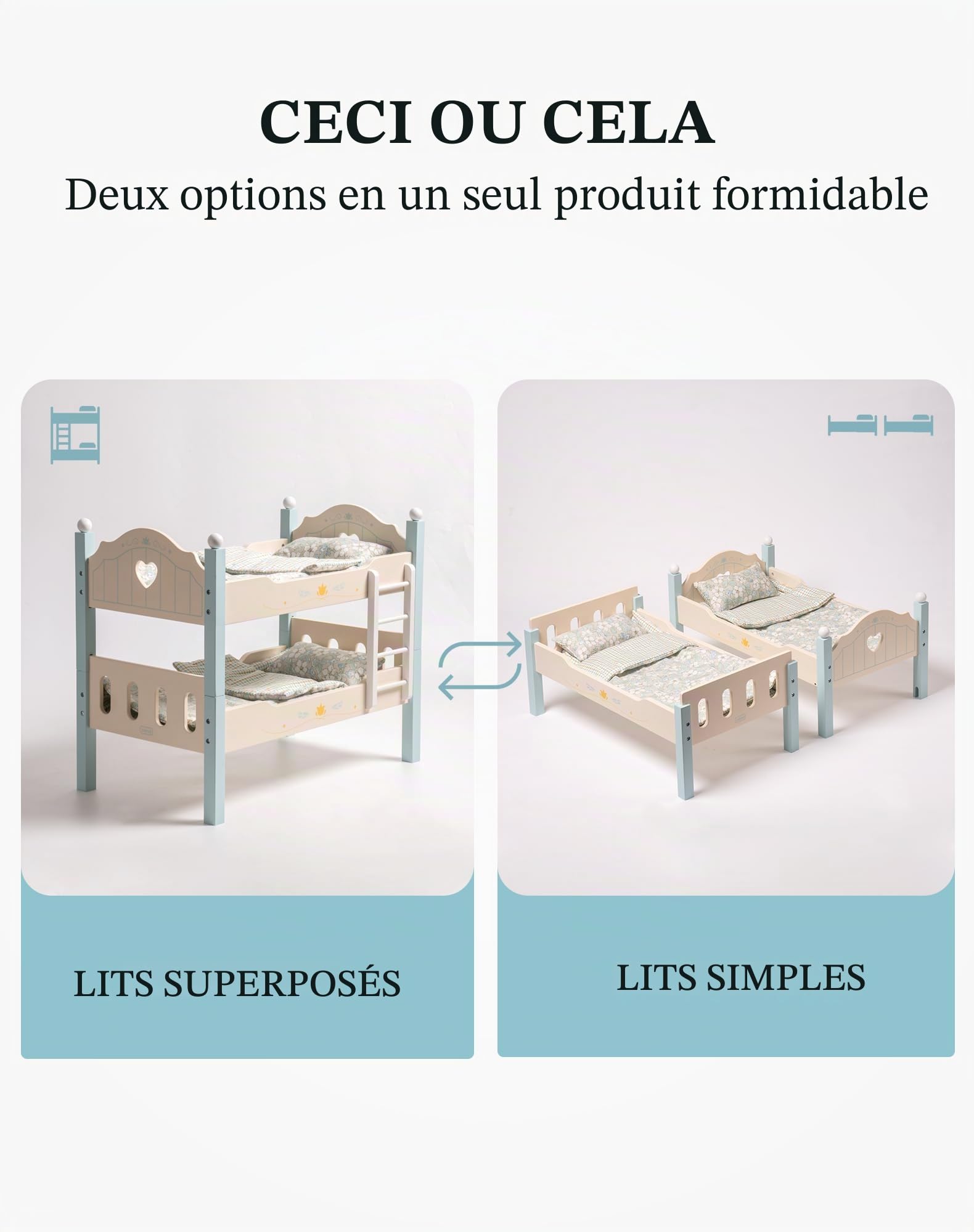 ROBOTIME Lit superposé en bois pour poupée avec échelle et literie, berceau empilable de 45,7 cm, accessoire de poupée parfait, cadeau pour enfants, bleu
