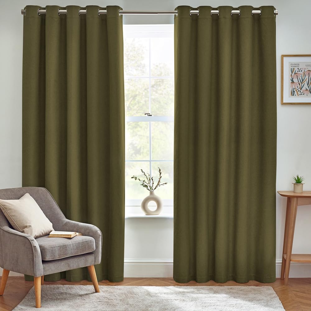 furn. Dawn Textured Blackout Eyelet Curtains - Thermal Lined Pair (Olive - Width 117 x Drop 137cm), Green, W 46.1" x L 53.9" (2 Panels) - Image 2