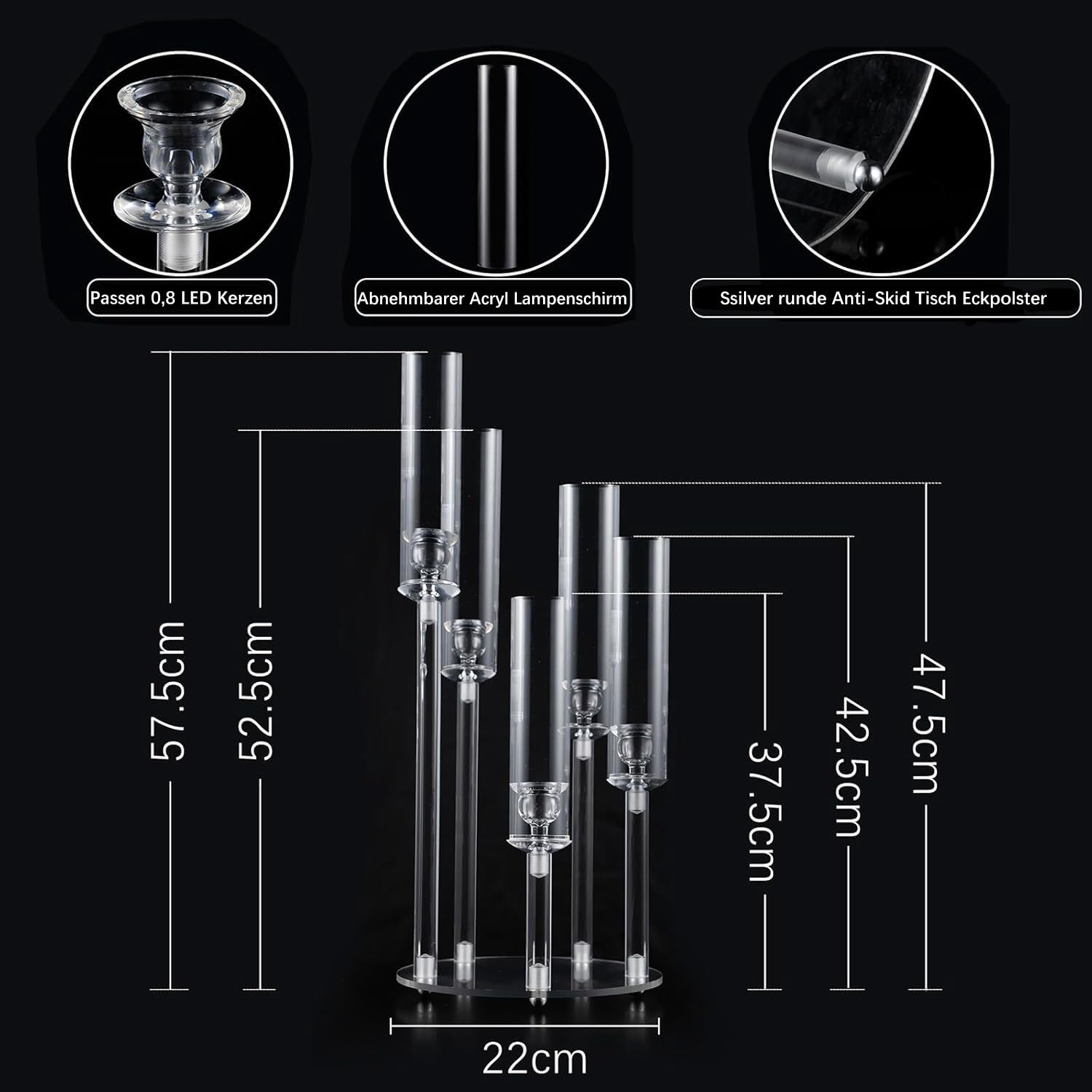 5 Braccio acrilico chiaro candelabro centrotavola per matrimonio, portacandele cono con paralume acrilico per Natale casa festa di compleanno tabella regali di Pasqua (Fit 2,2 cm candele led)