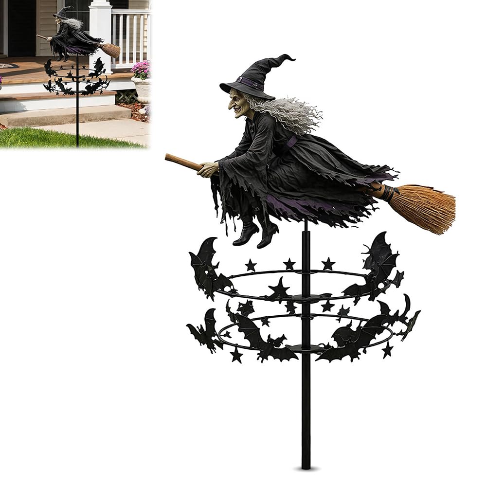 Gothic Fantasy Witch Garden Wind Spinner Stake, Handcrafted Weatherproof Rotating Windmill Yard Decor as Gift for Halloween Fans Gardening Gothic Style Lovers