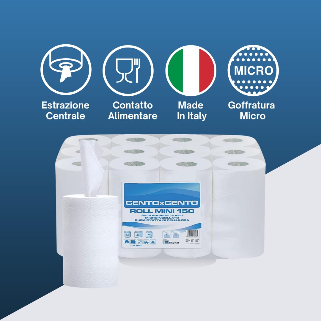12 Rotoli Asciugamani Carta, 2 Veli in Pura Cellulosa, 220 Strappi, 21,5 x 31,5 cm (1 Pack)