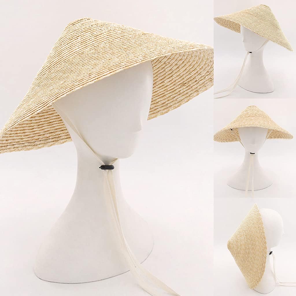 Cone Hat Women's Large Brim Straw for Sun Hat Traditional Oriental Straw Cone Hat Garden Fishing Hat with Chin Strap, Adult Model