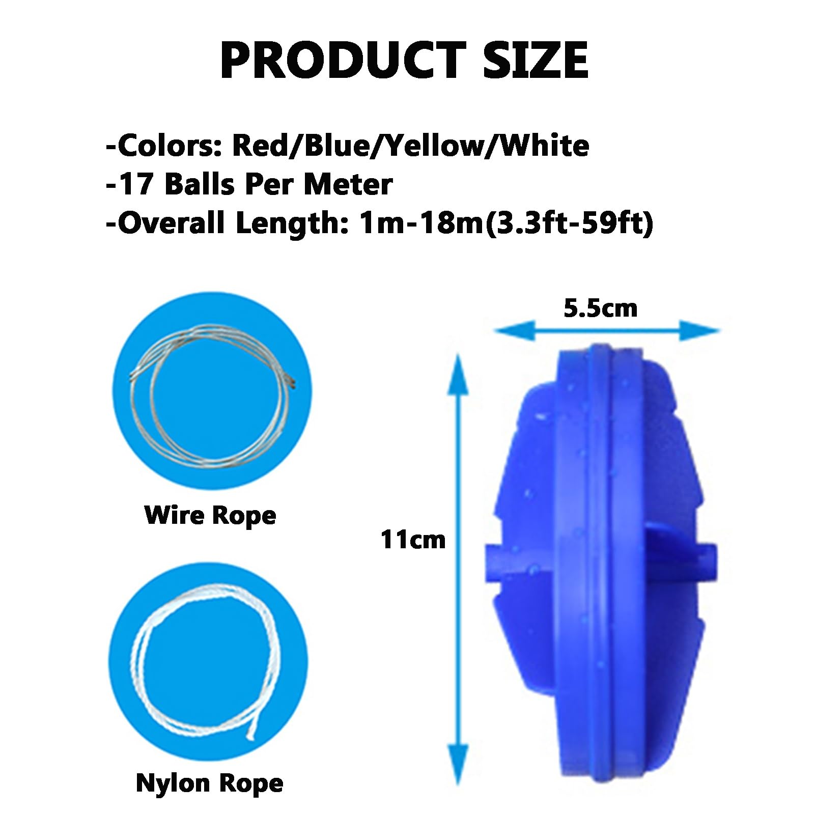 Kit de señalización de carriles para Piscinas: boya de 11 cm y Cuerda de Seguridad de 9 m para Piscinas, Playas y vías fluviales. Cuerda de Seguridad para Piscinas fácil de Usar para la seña