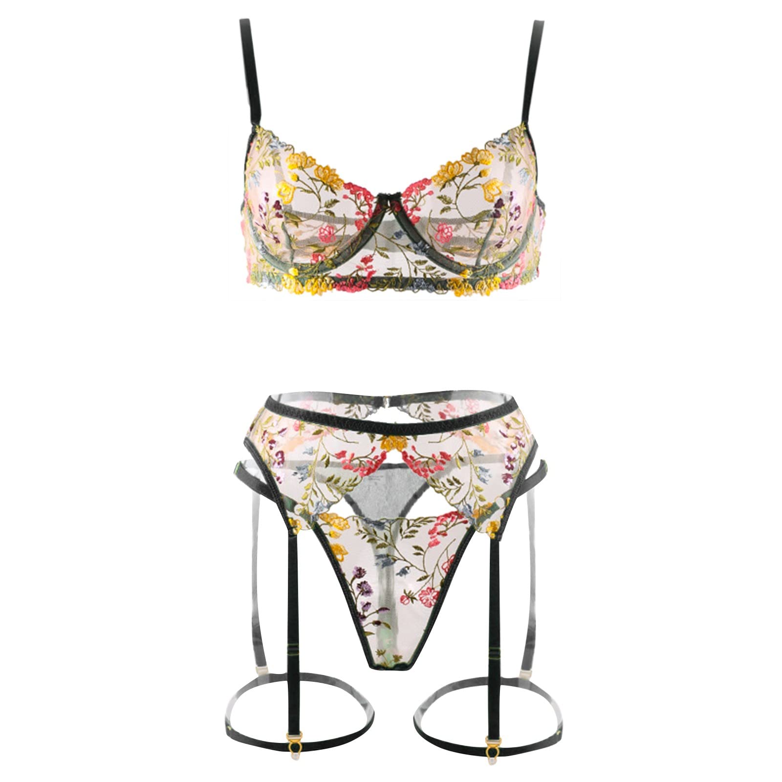 Completino Sexy Donna Hard, Divertente da Donna Reggiseno Sexy Trasparente con Fiori, Giarrettiera, Perizoma, Passante per Le Gambe, Set di Tre Pezzi di Biancheria Intima Divertente