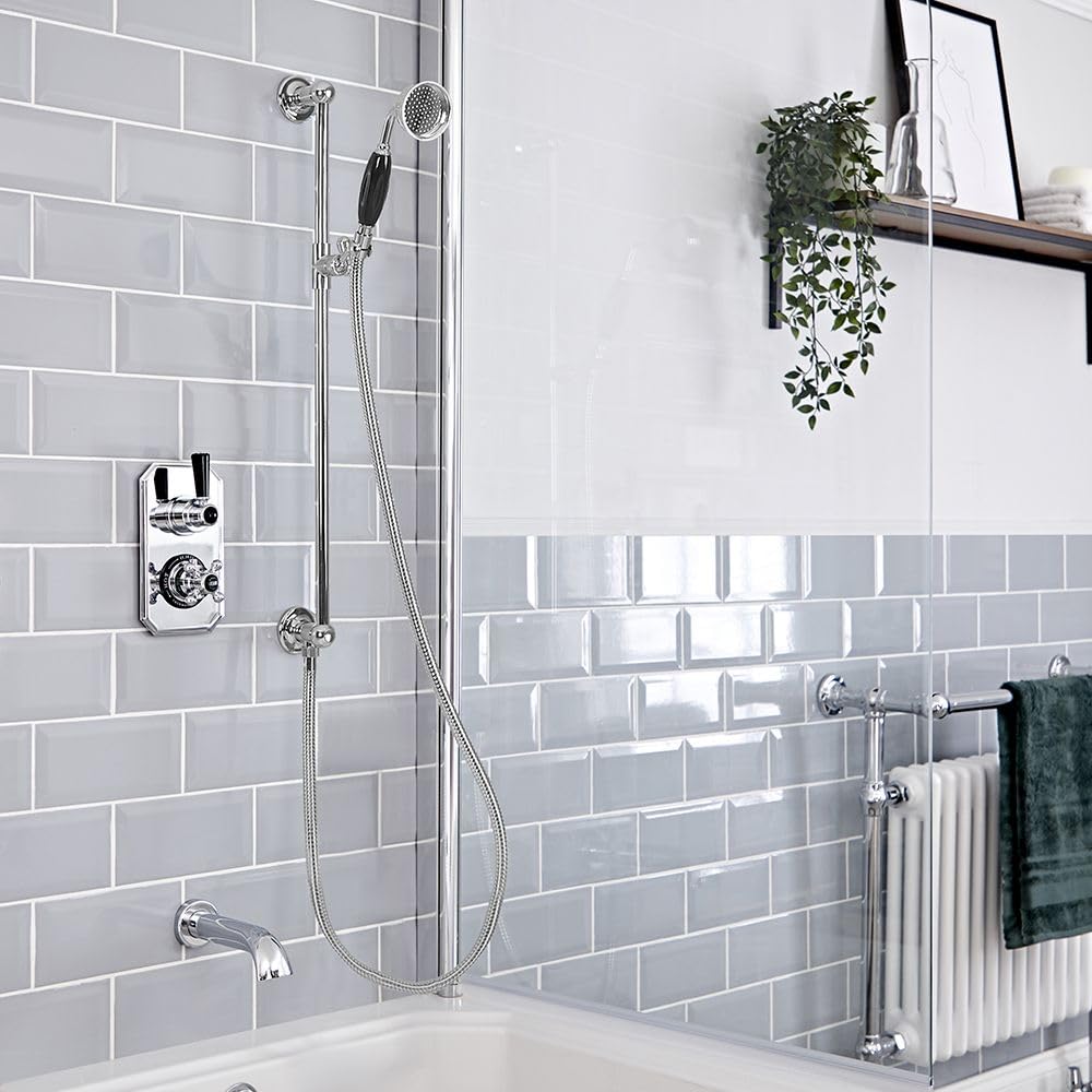 Milano Chrome & Black Elizabeth Thermostatic Mixer Valve Riser Rail Bath Spout - Chrome Black