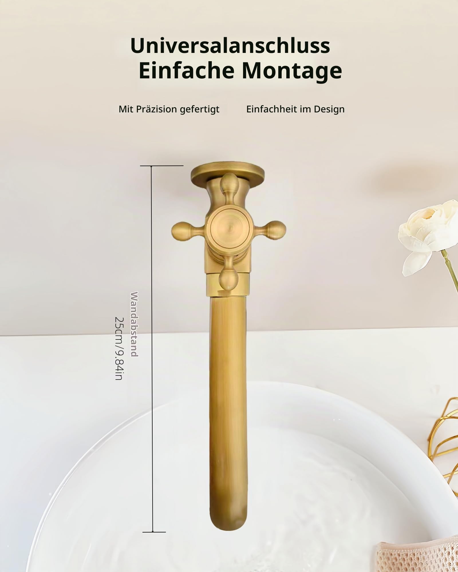 Kaltwasserhahn Wandmontage Messing Antik 360° Schwenkbar 24 cm | Wandmontierter Wasserhahn Messing mit langem Auslauf, Einhebel Wandarmatur für Bad, Garten, Balkon, Außenbereich