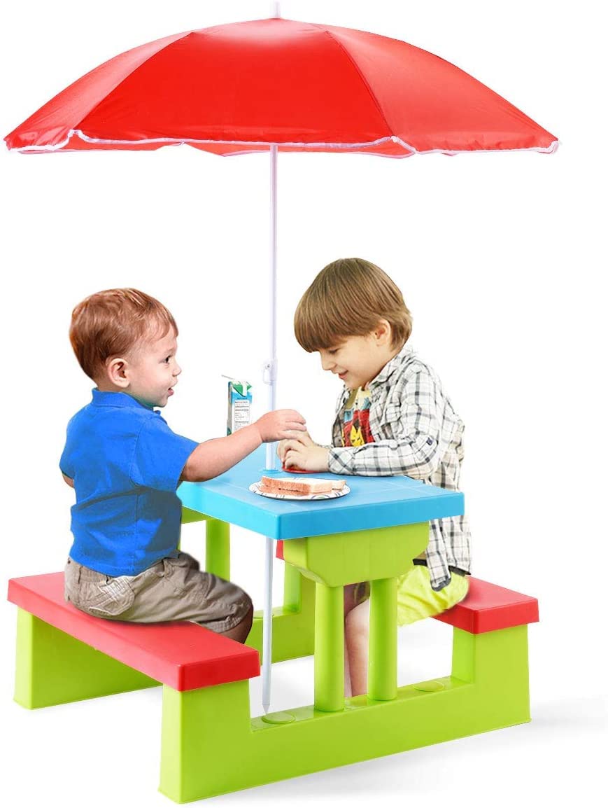 Ensemble de table de pique-nique pour enfants, banc de jardin et table avec parasol amovible, table de jeu pour enfants pour garçons et filles, jaune + bleu + rouge