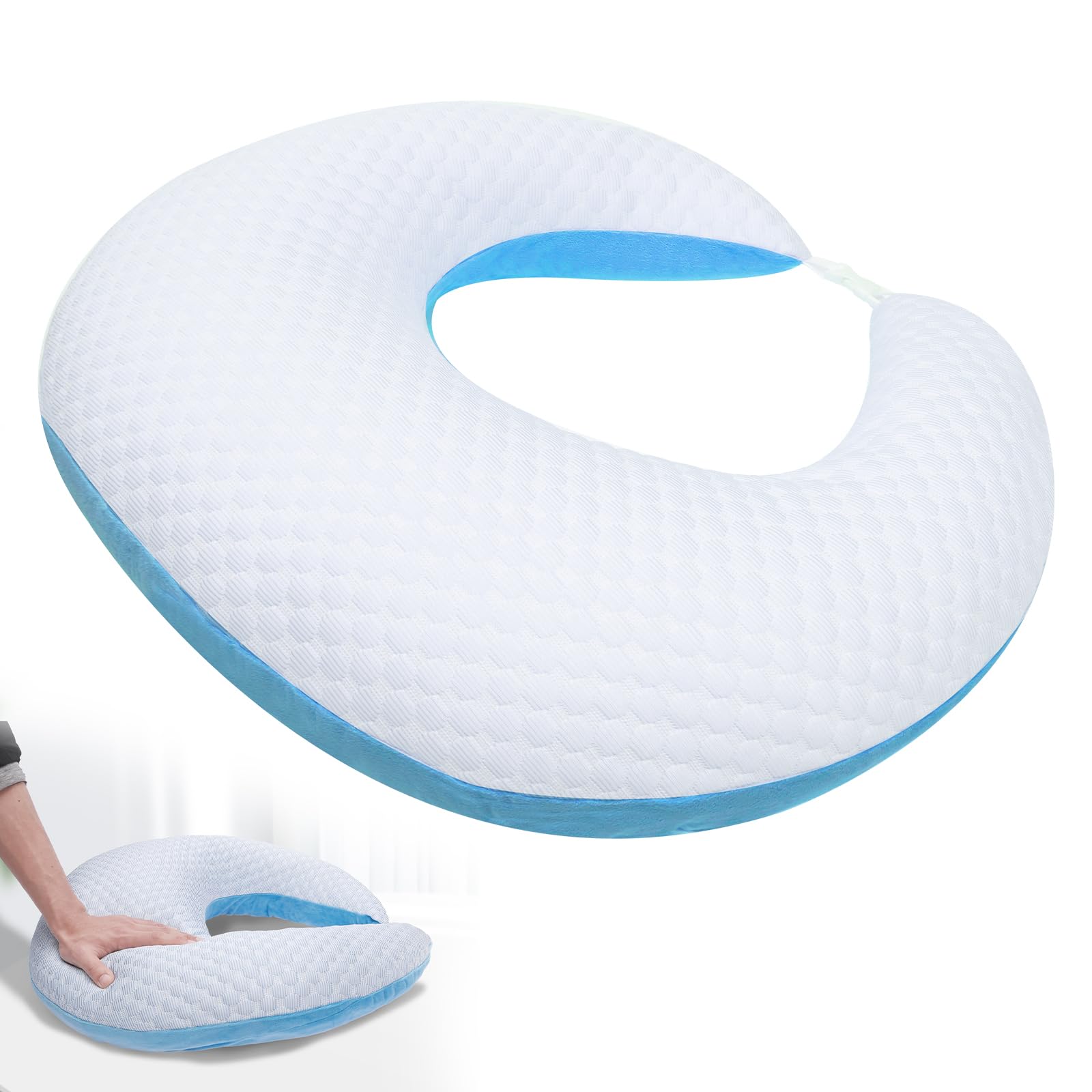 Ergonomic Knitted Cushion, Crochet Cushion, U-Shaped Armrest Cushion, Gaming Cushion with Removable Cover, Reading Pillow, for Reading, Gaming, Working and Crocheting (Blue)