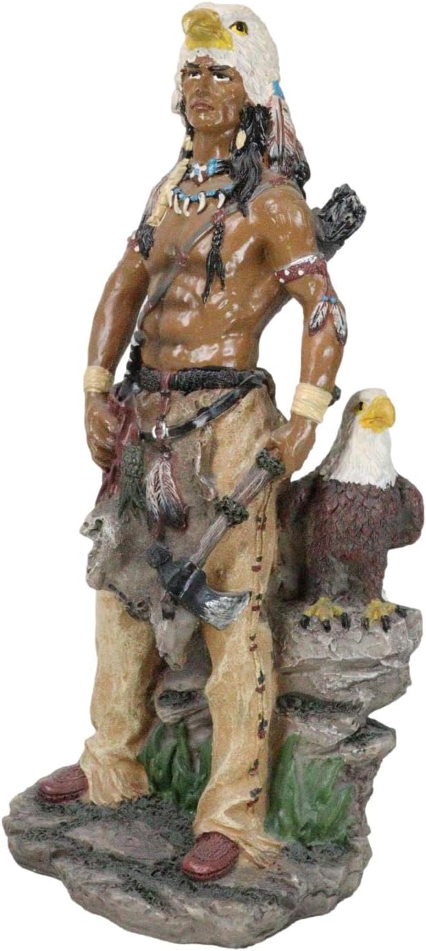 Ebros Gift 10" H Native American Sky Mountain Indian Tribal Eagle Warrior Hunter Chief Holding Axe Accompanied by Bald Eagle Bird Figurine As Home Decor Sculpture Cultural Heritage History Sculpture