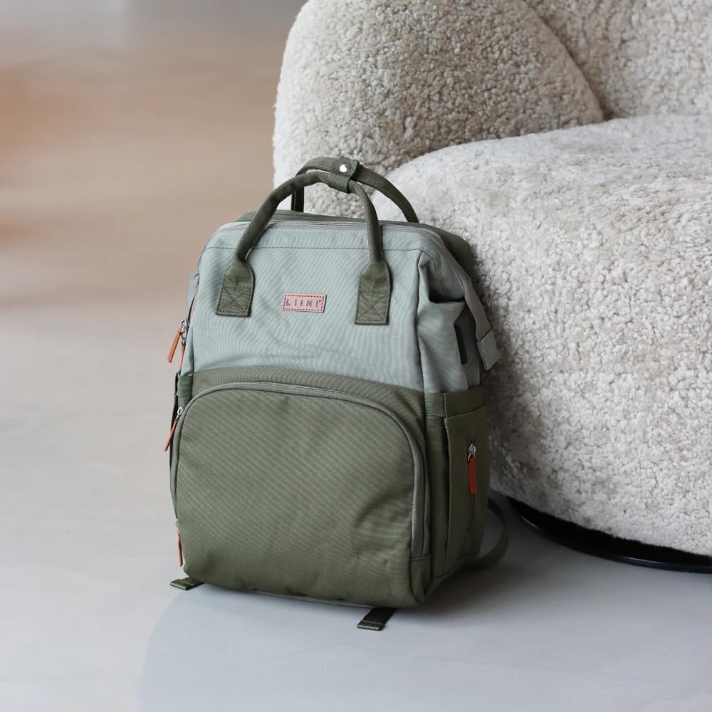 LIINI® Wickelrucksack Olive rPET – 29L Wickeltasche Rucksack aus recycelten PET-Flaschen, wasserfächer für nasse Kleidung, isolierte Flaschenfächer, inkl. Wickelunterlage & Kinderwagenhaken