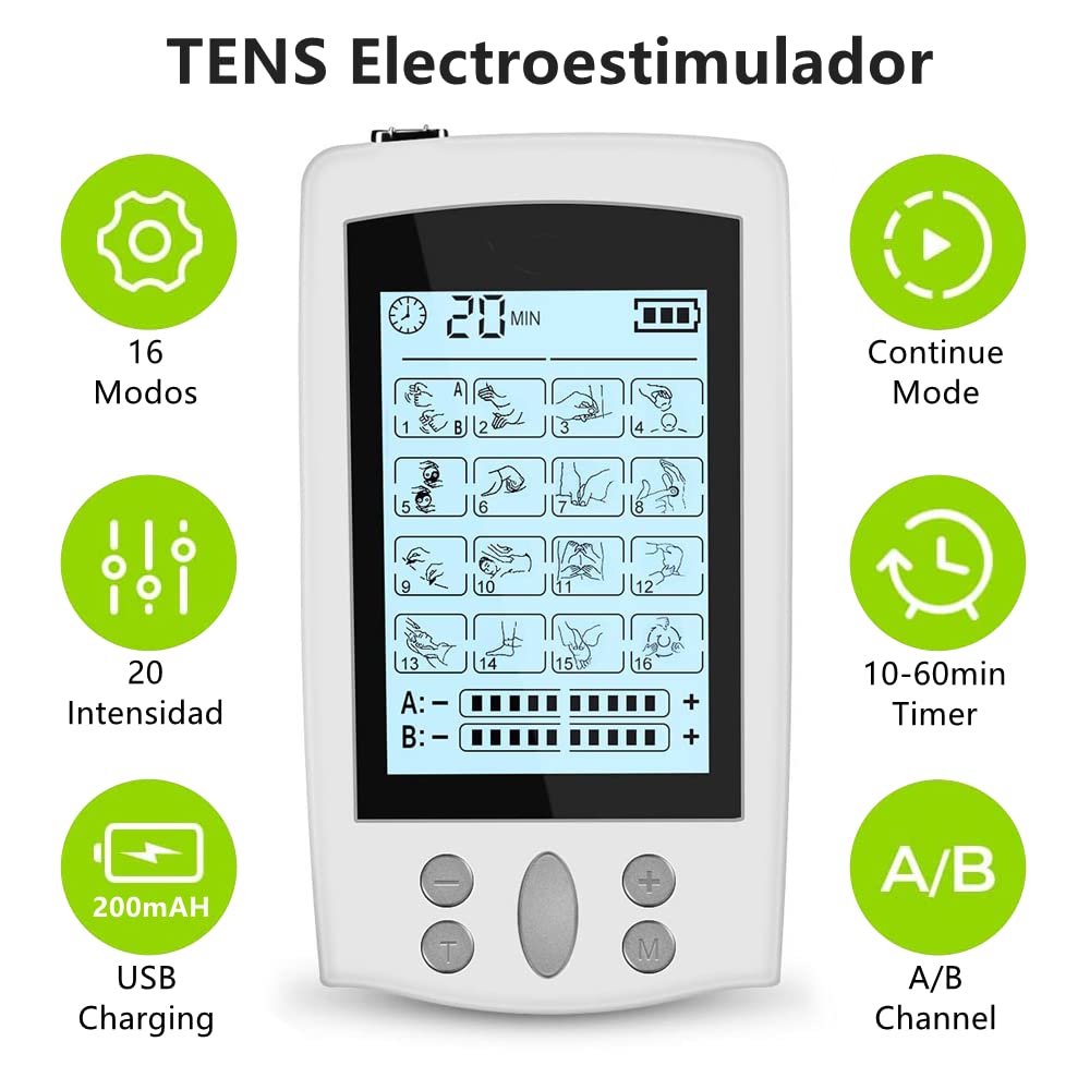 TENS Electroestimulador, USB Electroestimulador Muscular con 16 Modos 20 Intensidad, 2 Canales 4 Electrodos, Aliviar Preciso, Eficaz y Seguro del Dolor Muscular