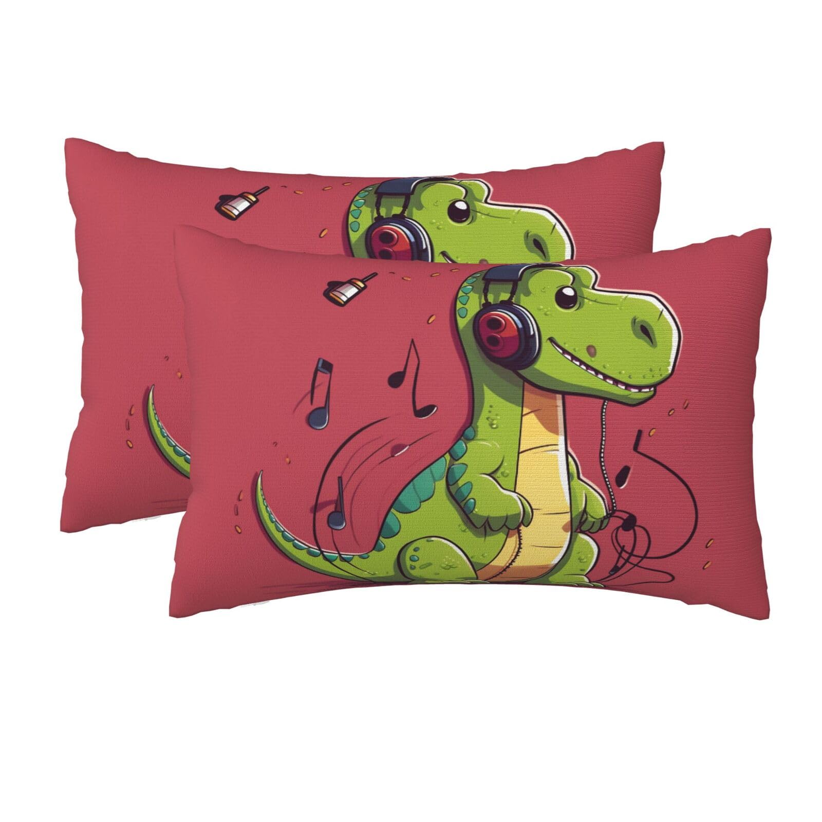 2 Pack Queen Size Pillow Cases for Hair and Skin Soft Breathable Pillow Case Covers with Hidden Zipper Dinosaur Wearing Headphones Pillowcase 20x30 Inches Pillow Cover for Sleeping Gift
