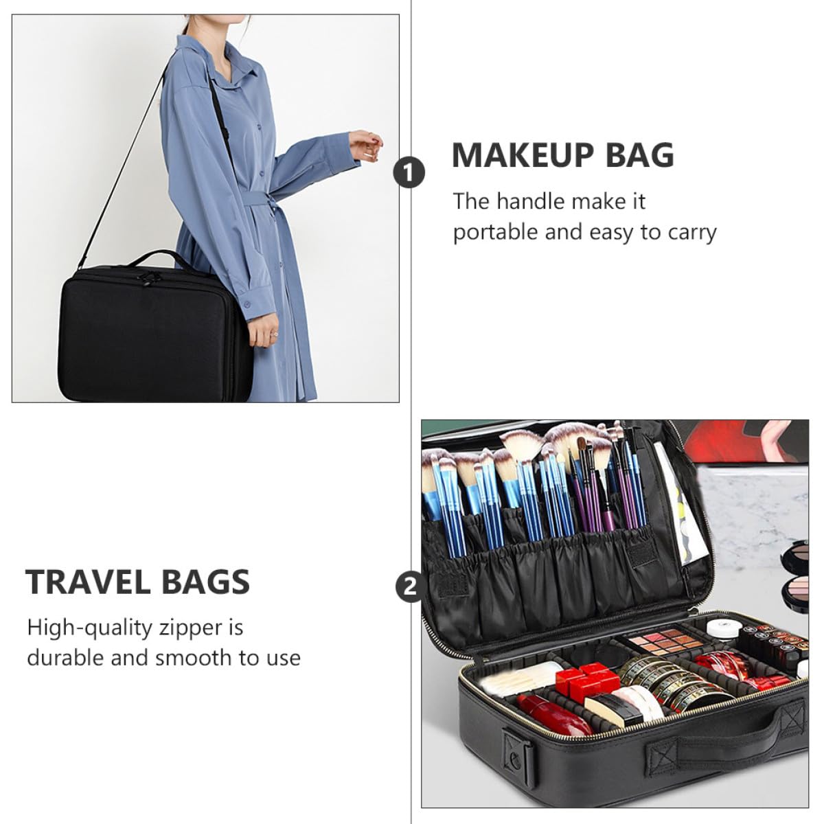 Ciieeo Borsa per Proteggere e Organizzare i Trucchi da Viaggio Oxford Nero per Cosmetici Pratica Trousse Donna Design a Griglia e Manico