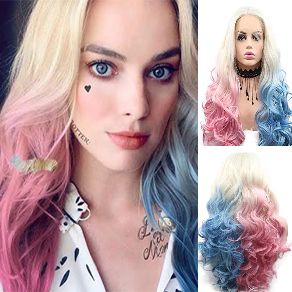 xiweiya Long White Blonde to Half Blue Pink Wigs Body Wave Mixed Piano color Glueless 13X3 Lace Wig Natural Hairline Synthetic Multi-color Lace Front Wigs Heat Resistant Fiber Hair for Women 24inch