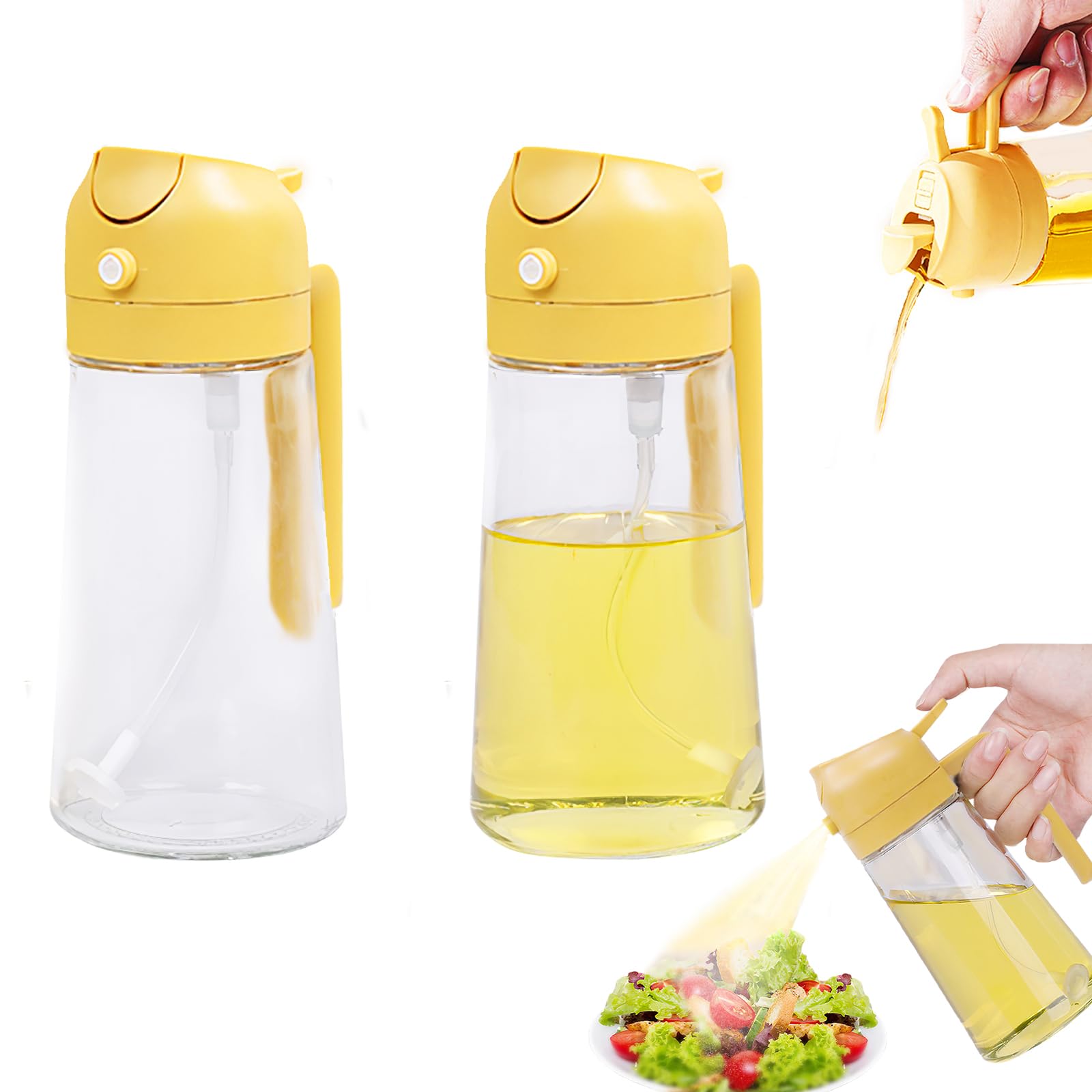 Jianglai Yellow Glass Olive Oil Sprayer Dispenser Bottle For Kitchen, 2 In 1 Olive Oil Dispenser And Oil Sprayer 16Oz/470Ml For Cooking, Air Fryer, Salad, Barbecue, 2Pcs