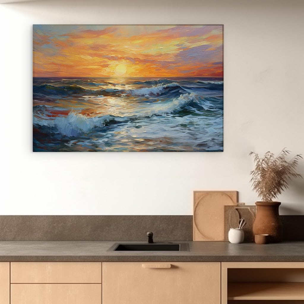 Canvas for Living room. Golden Horizons - Unveiling Nature's Fiery Masterstroke Over Turbulent Seas, 27 x 18 inch Canvas Wall Art - Contemporary Masterpieces - Modern Home Decor