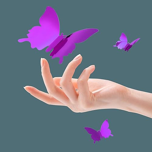 Miniatura 2 de 24 calcomanías de mariposa, CAYUDEN removibles de 3 tamaños, decoraciones de mariposa morada con espejo 3D, calcomanías de decoración de pared,