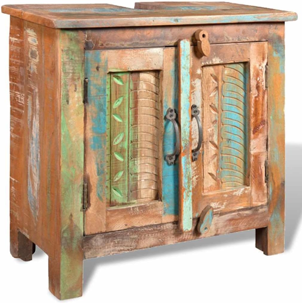 Vintage Reclaimed Wood Bathroom Vanity Cabinet Set, Multicolored Storage Furniture for Sink, Standing Toilet Organizer with Doors, Easy Assembly