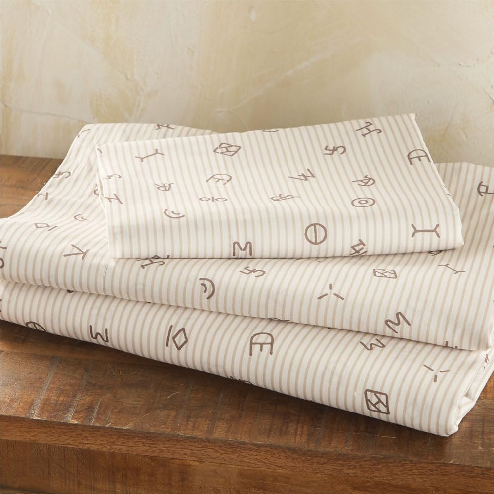 Rod's True Western Cattle Brands Queen Sheet Set – 4 Piece Ticking Stripe Bedding, Beige and Cream Cotton Sheets with Pillowcases