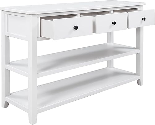 Miniatura 9 de Mesa de consola rústica, mesa de consola de 50 pulgadas de largo con 3 cajones y estante de almacenamiento abierto de 2 niveles, mesa de consola