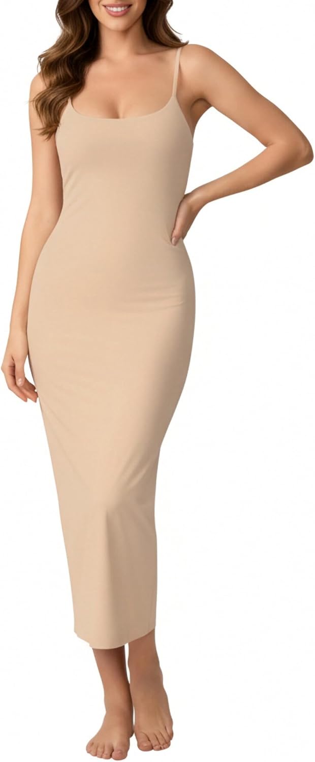 Women's Full Slips for Under Dresses Adjustable Spaghetti Straps Smooth Midi Cami Dress