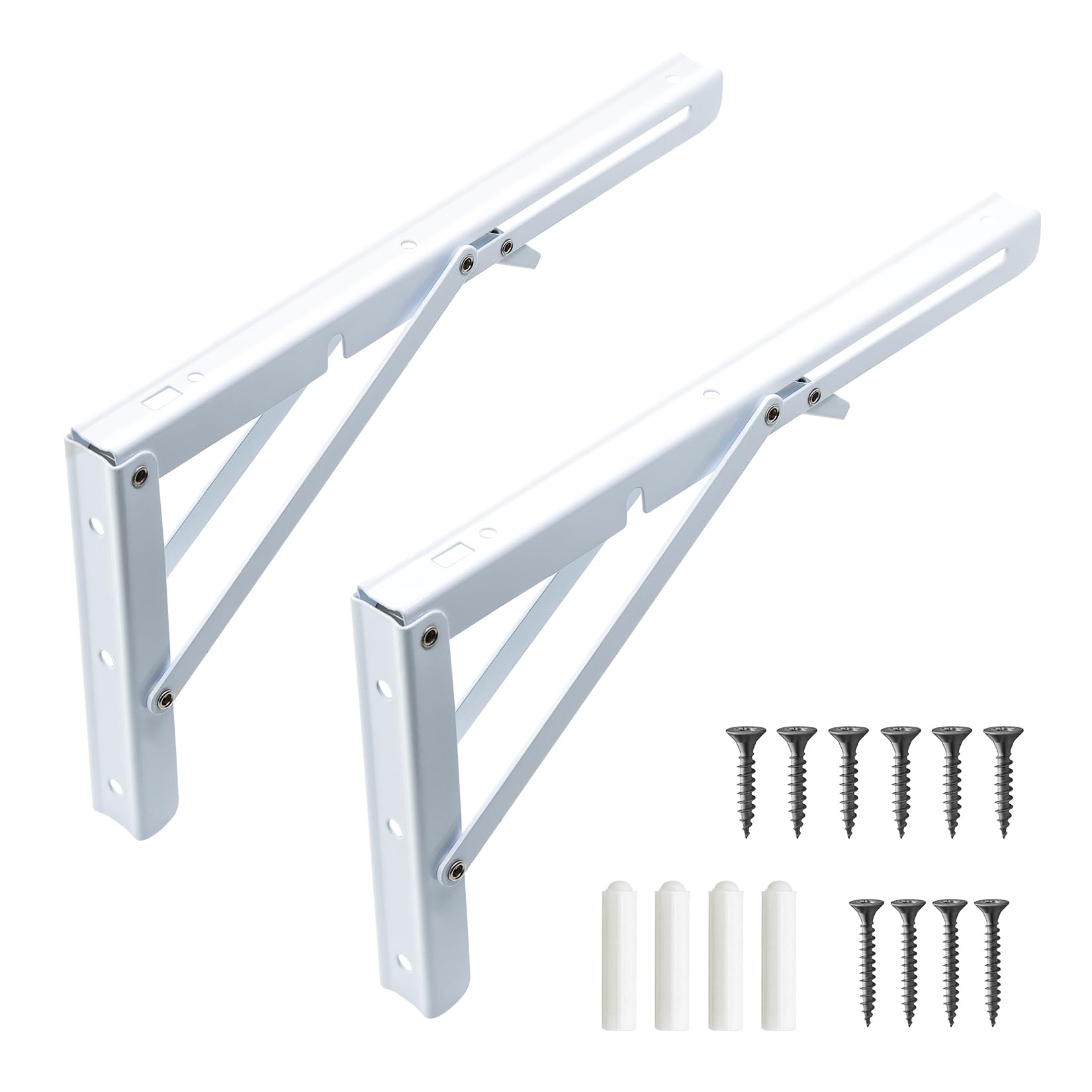 2 PcsFolding Shelf Brackets Heavy Duty, Wall Brackets for Shelves, Folding Bracketss, 90 Degree Metal Folding Consoles for Table Foldable Work Bench Kitchen Office Wall - White (10 Inch)