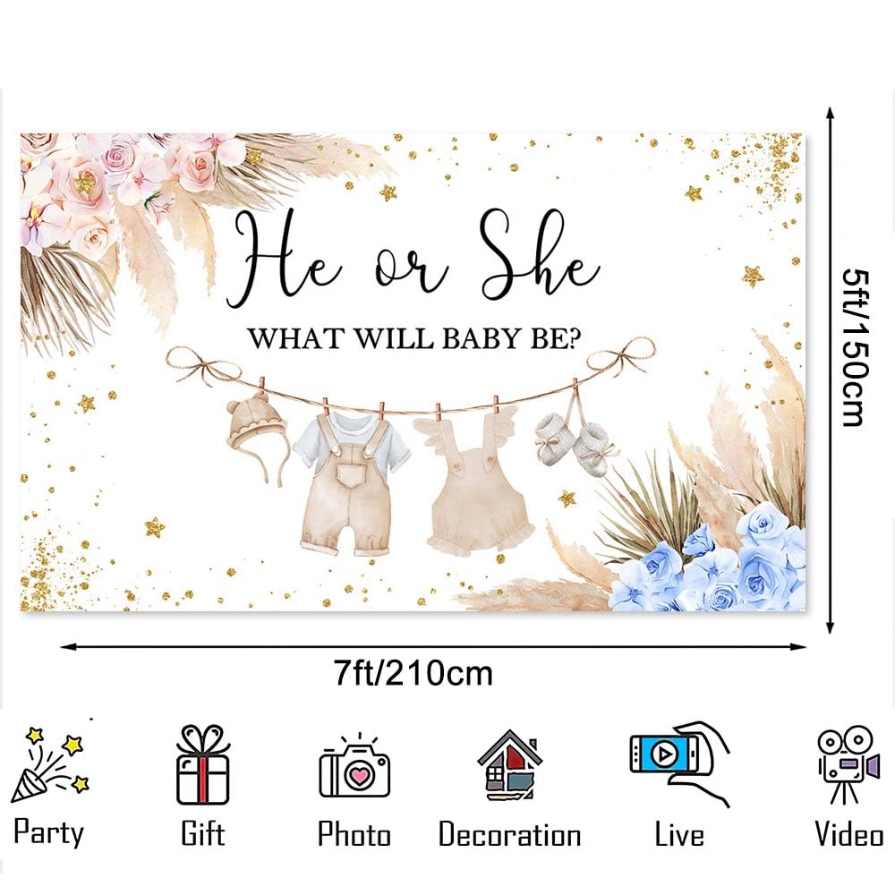 Boho Fotohintergrund Für Gender Reveal Party – 2,1x1,5 M Mit Pampasgras & Blumen, Waschbarer Stoff Für Baby Shower