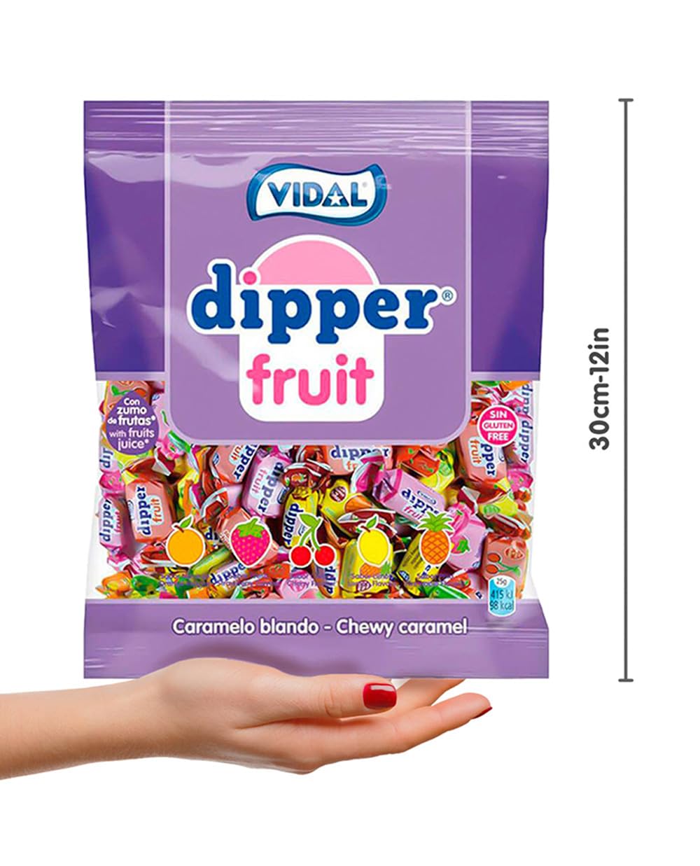 Dipper Vidal Golosinas Dipper Fruit. Caramelo blando masticable con zumo de frutas. Sabores frutales: piña, limón, naranja, fresa y cereza. Bolsa de 1kg.