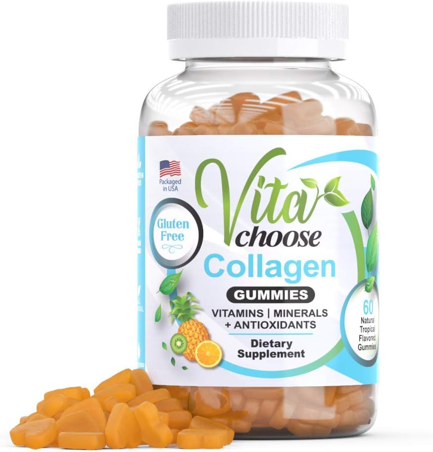 Natural Collagen Gummies - Collagen Gummies for Healthy Skin, Nails, and Hair Growth - Gluten-Free Collagen Gummy Supplements - Tropical Flavor - 60 Count (one Month Supply)