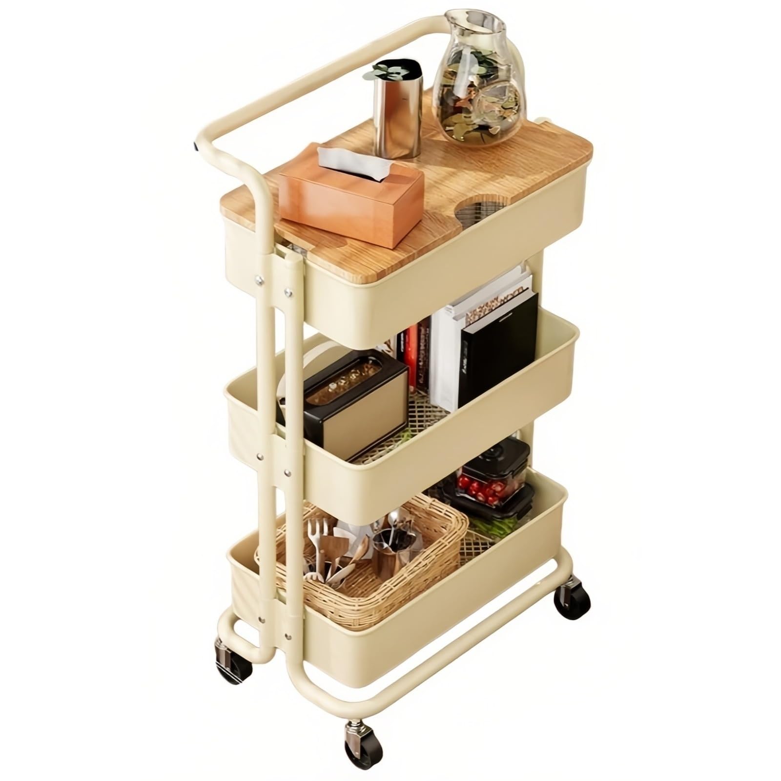 FZL02068LM Kitchen Trolley 3-Tier Rolling Storage Cart Movable Snack and Bedside Organizer Shelf(Yellow)