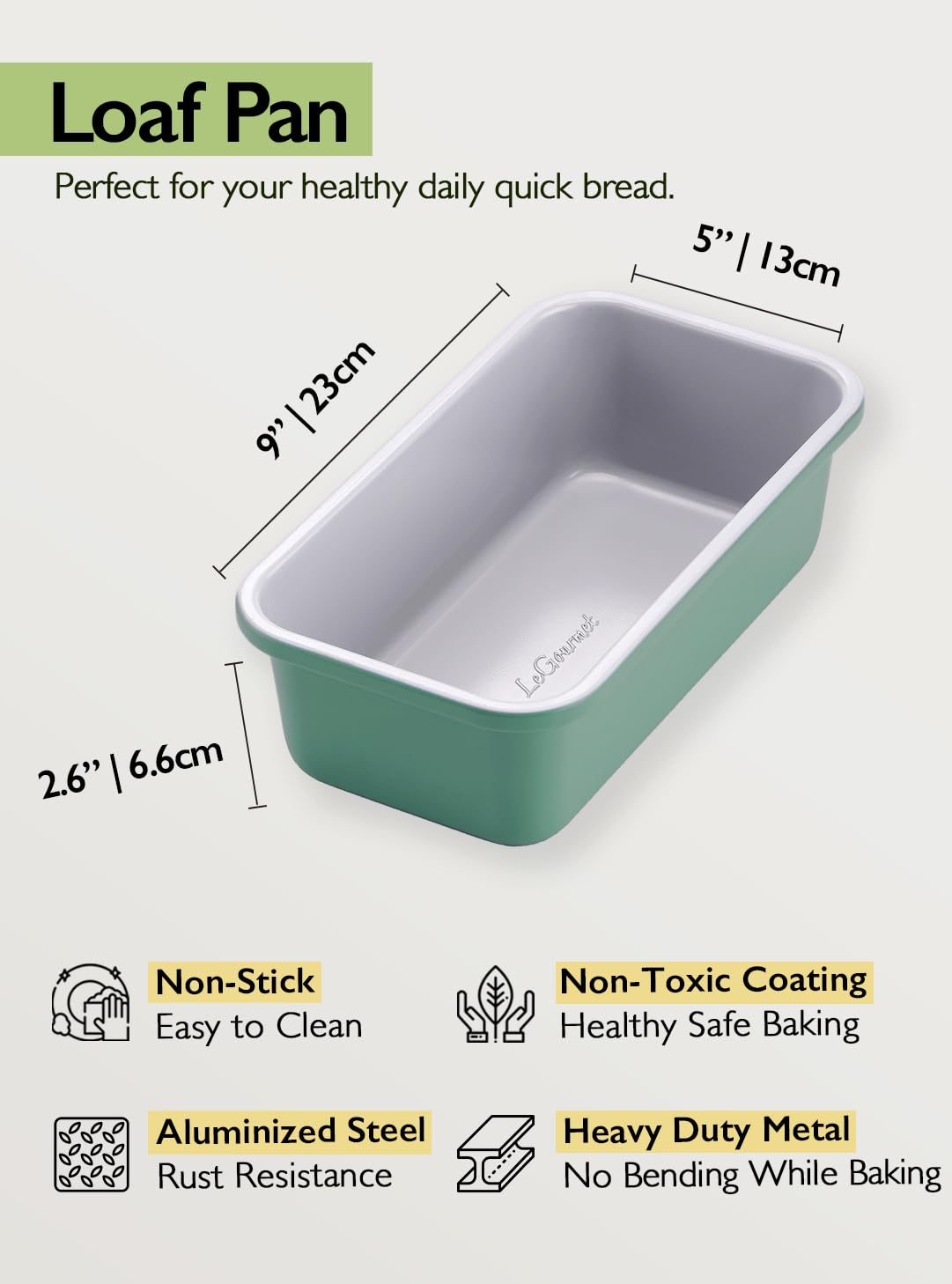 LeGourmet Antihaft-Brot-Kastenform, 22,9 x 12,7 cm, Keramikbeschichtung, ungiftig, rostbeständig, aluminisierter Stahl, perfekte 0,5 kg Backform für Hackbraten, Pfundkuchen und Brownie (Rosmarin, 2