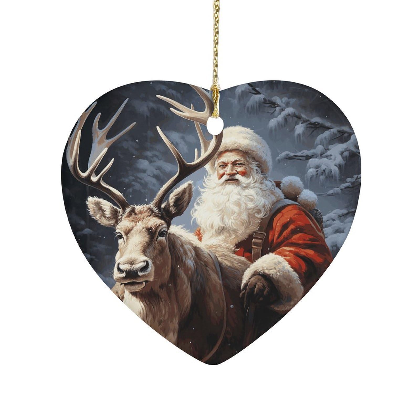 Khauerbc Style Santa Claus And Deer Elkceramic Ornament,Heart-Shaped.christmas Tree Hanging Decoration-Holiday Home Decorations. Art Ornament,Friendship Keepsake - Gift Ideas, For Besties, Coworkers, Family.