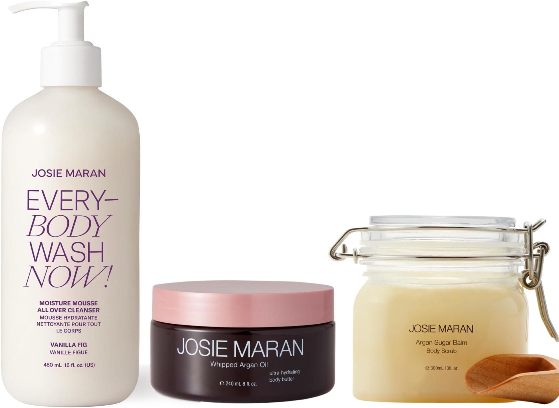 Josie Maran Body Care Trio Gift Set - 3-Piece Kit Includes EveryBODY Wash, Whipped Argan Body Butter & Sugar Balm Body Scrub - Exfoliates, Cleanses & Nourishes Skin - Vanilla Fig (3 Count)