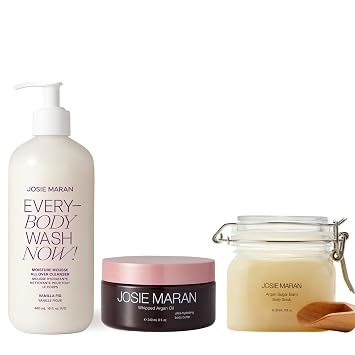 Josie Maran Body Care Trio Gift Set - 3-Piece Kit Includes EveryBODY Wash, Whipped Argan Body Butter & Sugar Balm Body Scrub - Exfoliates, Cleanses & Nourishes Skin - Vanilla Fig 3 Count