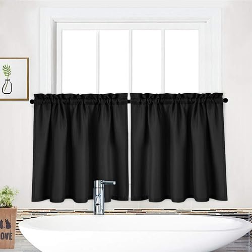 Miniatura 33 de NANAN Tier Curtains for Kitchen 24 Inch, Waffle Weave Textured Tailored Short Curtains for Bathroom Waterproof Window Covering Kitchen Cafe Curtains