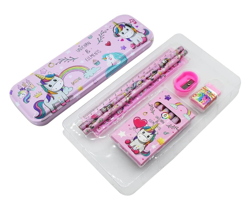 Image of Unicorn Stationary Kit with 1 Pencil Box Case 2 Pencils 6 Crayon Colors 2 Space Gel Pen 1 Ruler Scale Eraser Sharpener Kit for Kids (Character As Per Available)