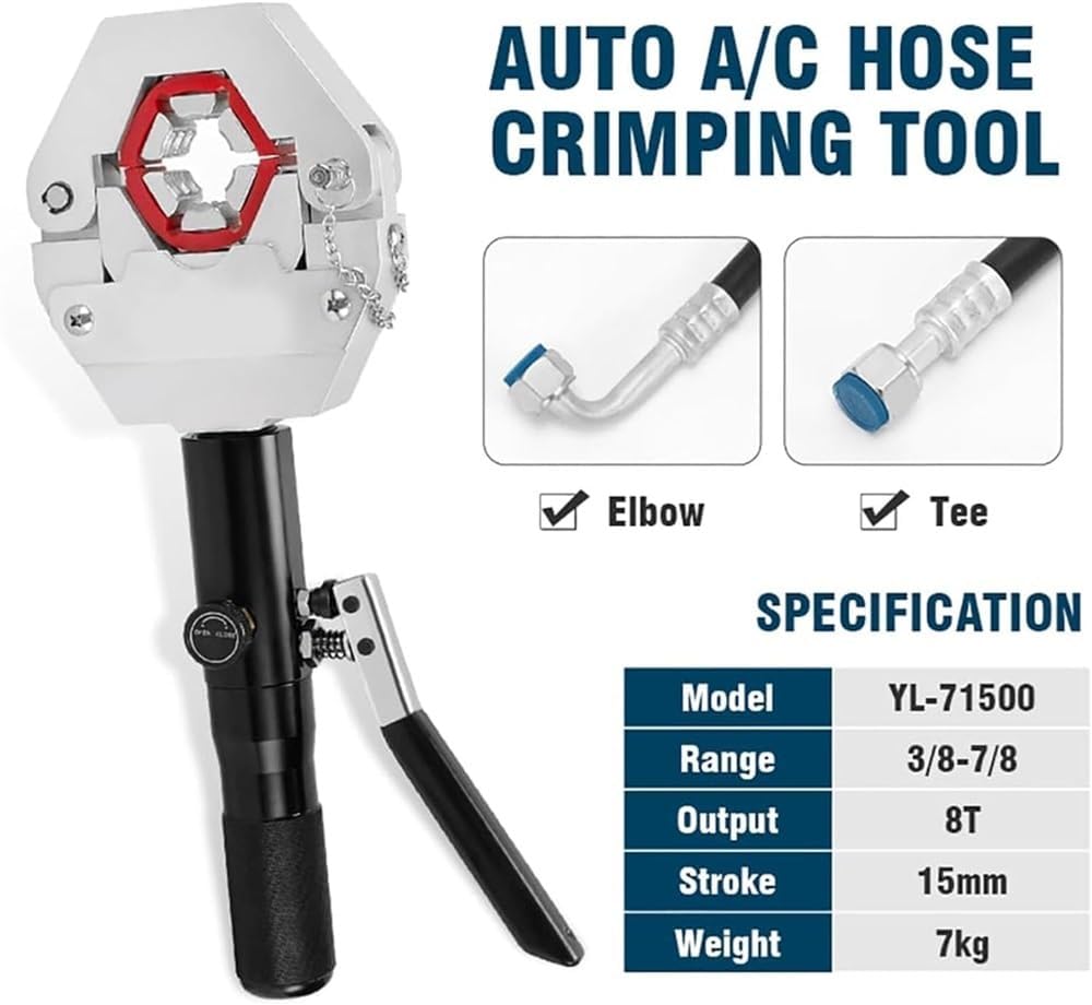 Kit de crimpado de mangueras hidráulicas con 7 matrices para reparación de aire acondicionado automotriz. Rango de crimpado de 3/8 a 7/8 pulgadas, conexiones dentadas y con reborde. Diseño dividido