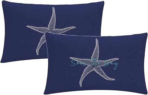 Juego de 2 fundas de almohada con diseño de mar y estrella de mar sobre fondo azul marino, rectangular, para la cintura, diseño de mar costero,