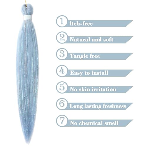 Miniatura 6 de Savasana Cabello trenzado preestirado de color azul bebé con oropel de 26 pulgadas, trenzas de caja Kanekalon, 3 paquetes de cabello trenzado con