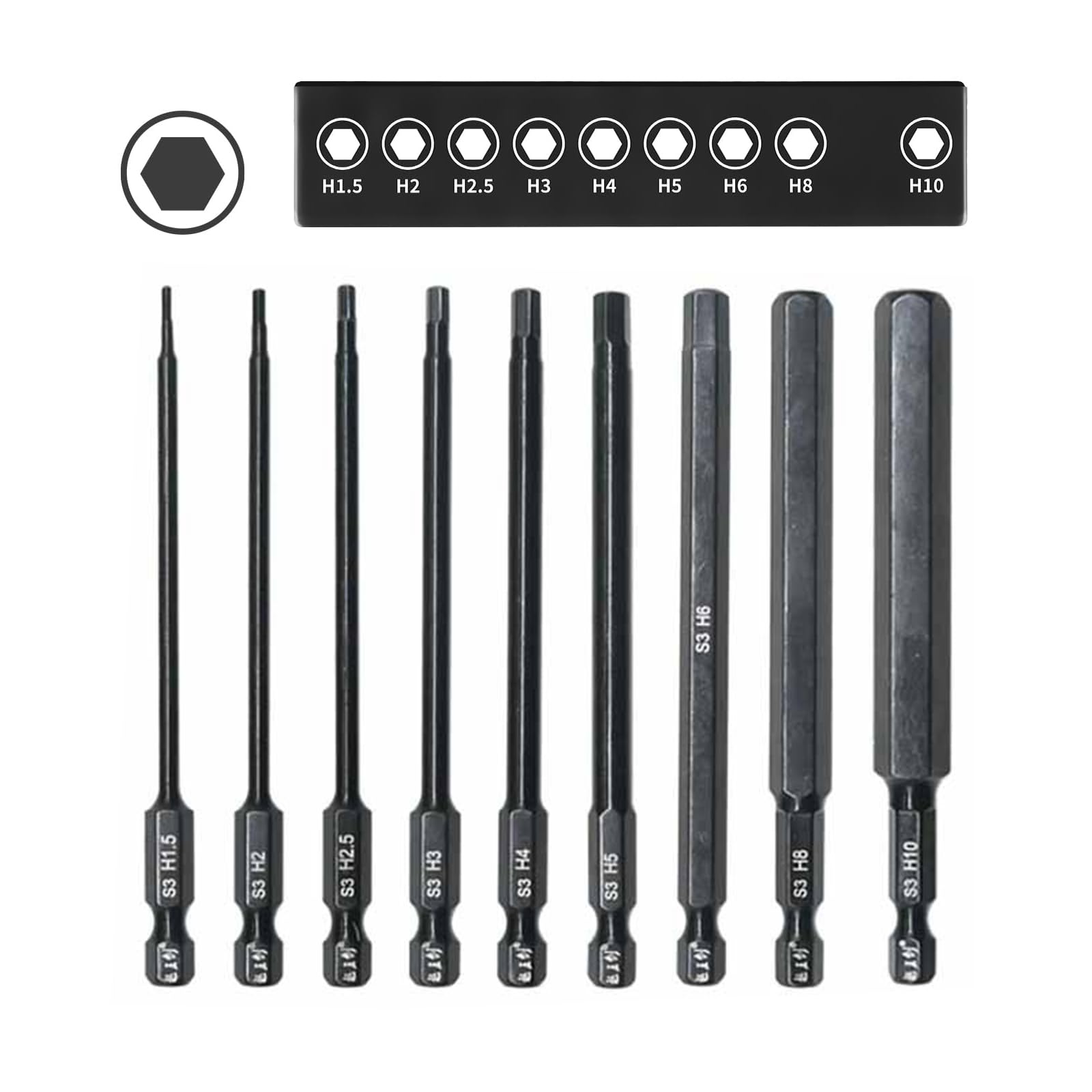 9-Piece Allen Bit Set with Strong Magnetic Head, 100 mm Long Hex Bits for Cordless Screwdriver, 1/4 Inch Hex Shank Impact Bit Set for Impact Wrenches, Phosphide Black Screwdriver Accessories
