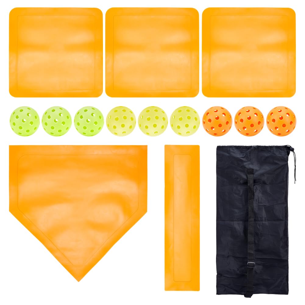 MAYJOYDIY Juego de 5 bases de béisbol y sóftbol con 9 pelotas de entrenamiento de plástico, bases de béisbol lanzadas, equipo deportivo al aire libre para patio trasero, teeball, práctica escolar de