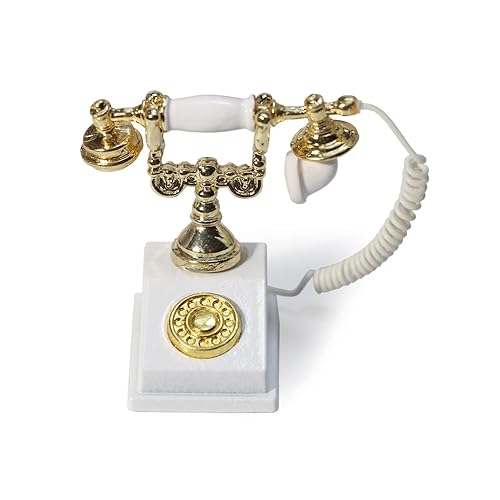 Dollhouse Telephone 1:12 Miniature Vintage Rotary Phone Model Desk Decoration Retro Mini Accessorries for Artificial House Living Room Scene (White)