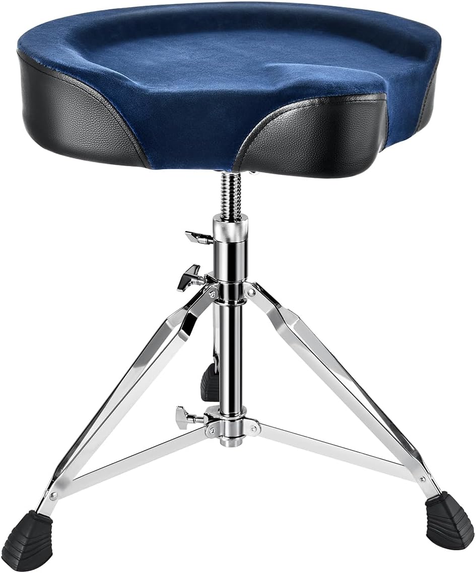 Donner Heavy Duty Drum Throne, Motorcycle Style Drum Stool, Widened Drum Chair with Velvet Surface, Height Adjustable Padded Seat, Double Braced, Blue