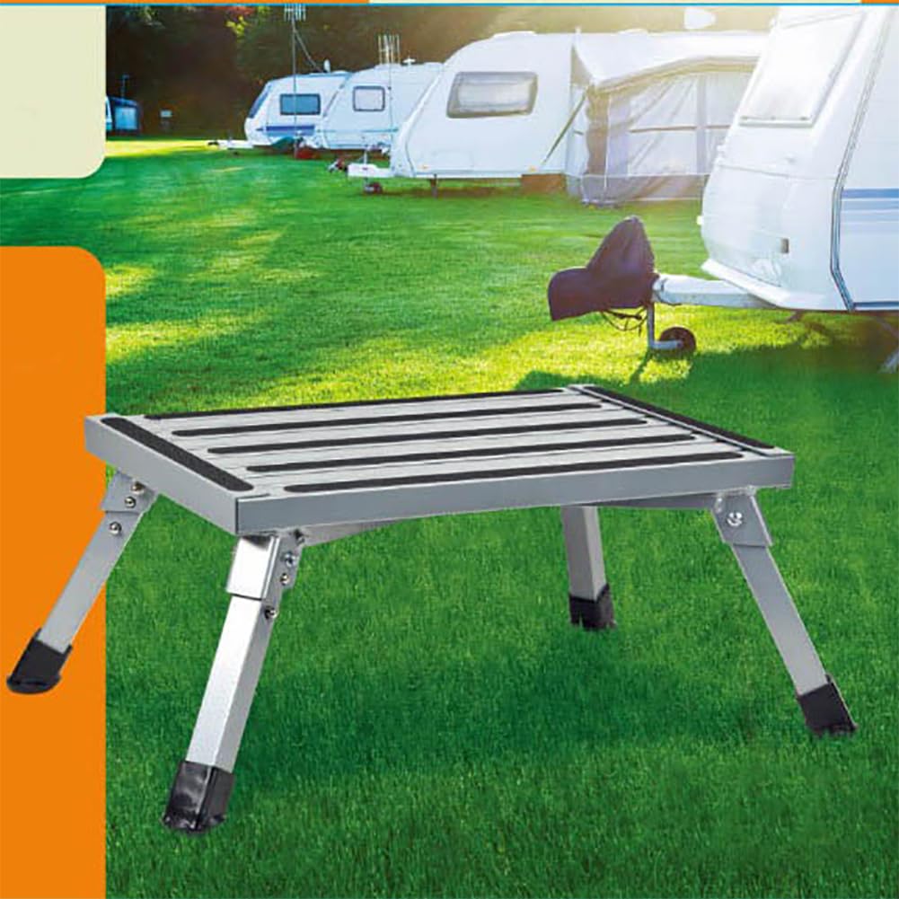Escalón plegable portátil con superficie antideslizante y asa, soporta hasta 150 kg para caravanas, diseño ligero y duradero